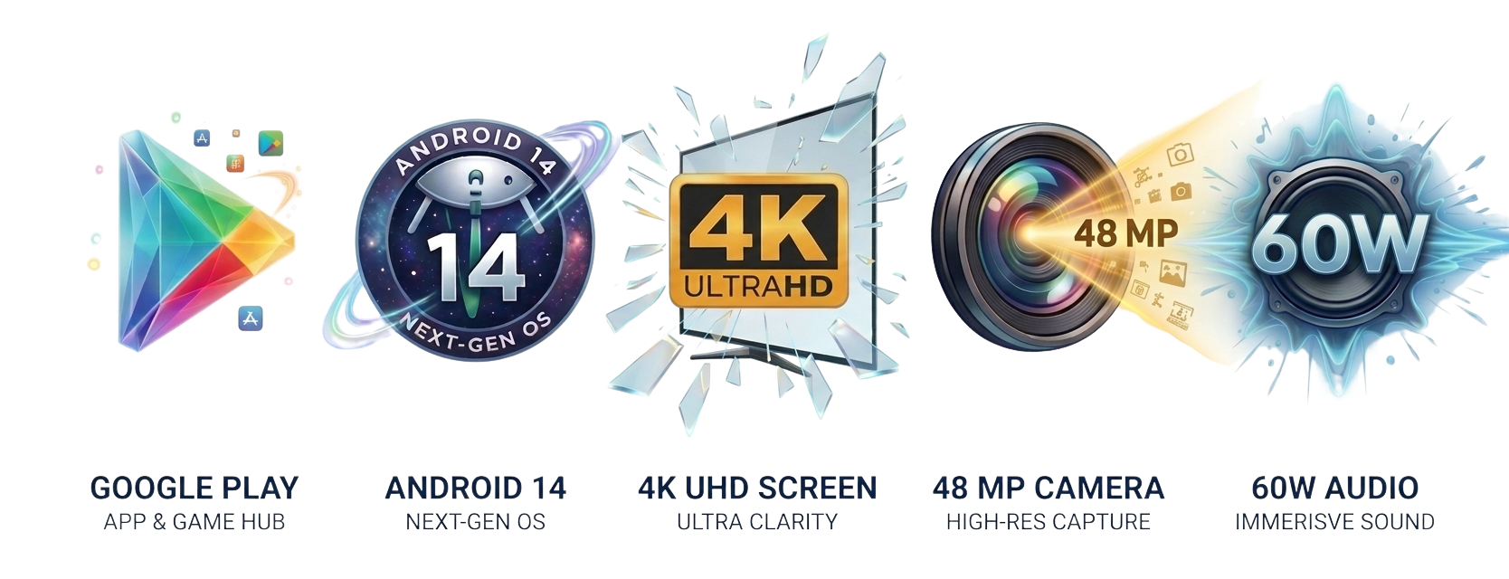 Google Play, Android 14, 4K UHD, 48MP Camera, 60W Audio